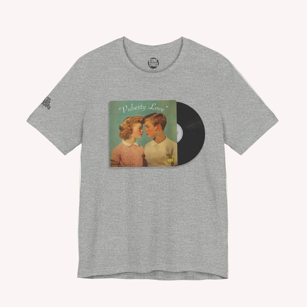 A heather gray short-sleeve t-shirt featuring a graphic print of a vinyl record sleeve with a retro couple portrait and a black vinyl record illustration on the front, displayed against a solid white background.