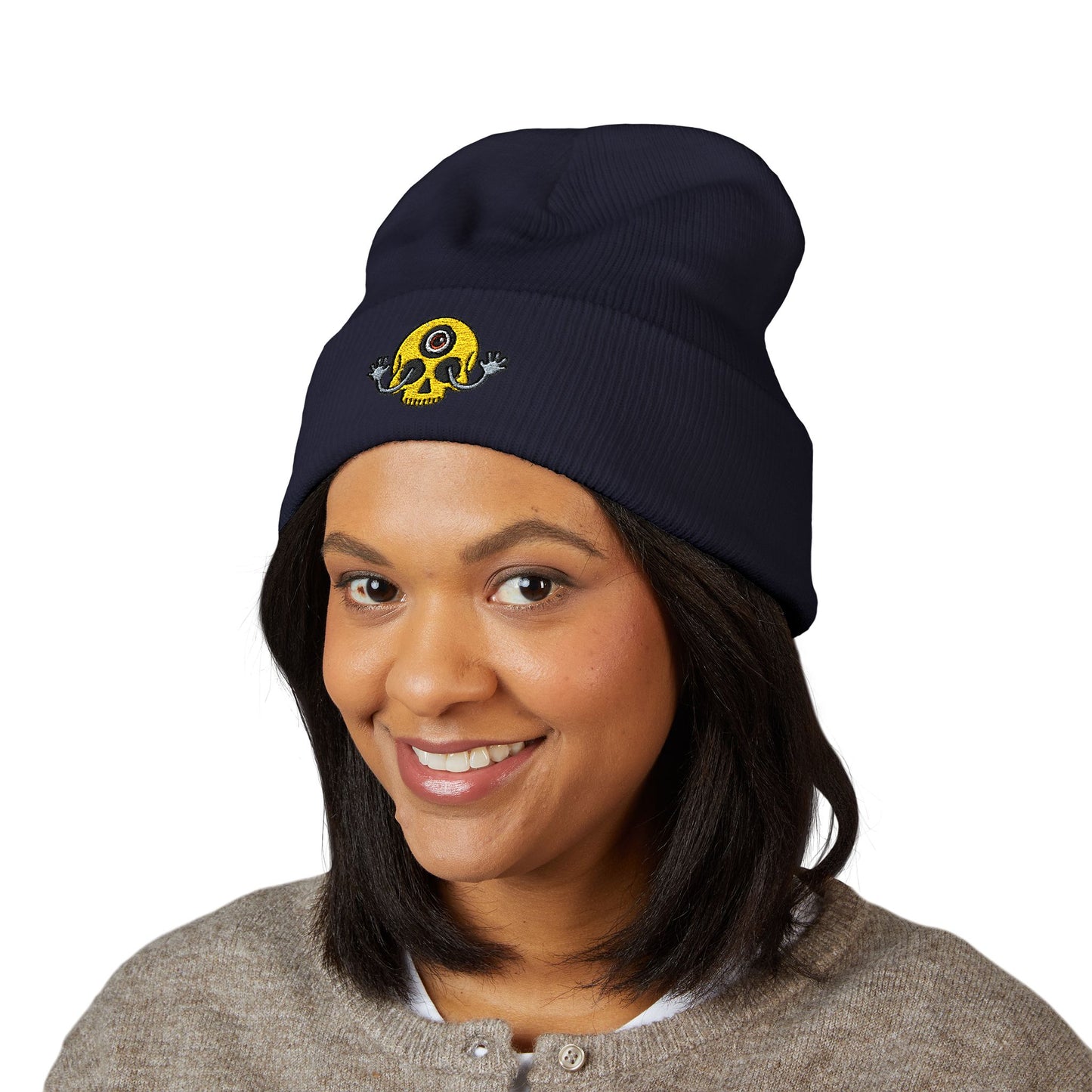 Mega Weird Skull Beanie — Embroidered Waving Hands Logo