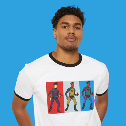 Man wearing a white CAptain Action 60's kitsch pop art t-shirt with colorful graphic design on a white background