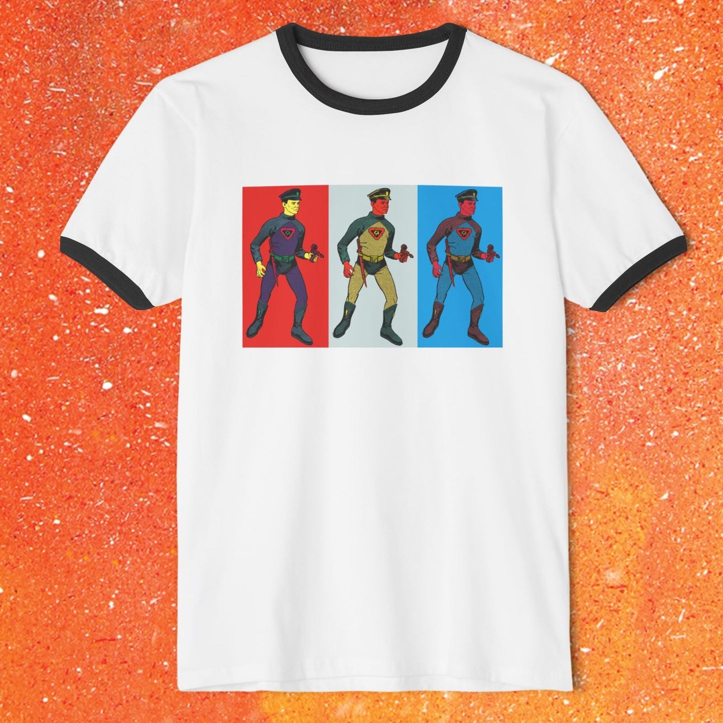 White t-shirt with Captain Action superhero graphic 60's kitsch