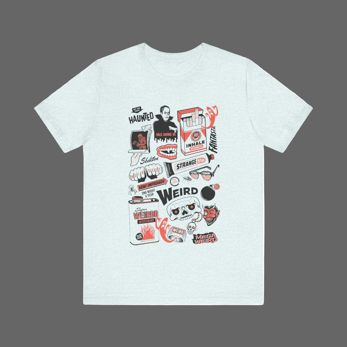 Light blue t-shirt with graphic designs on a white background