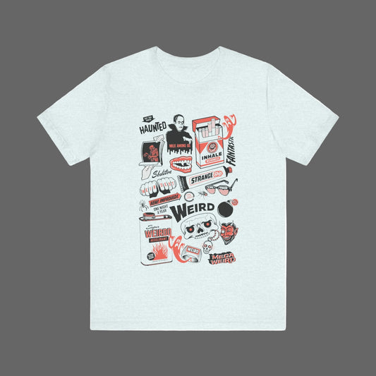 Light blue t-shirt with graphic designs on a white background