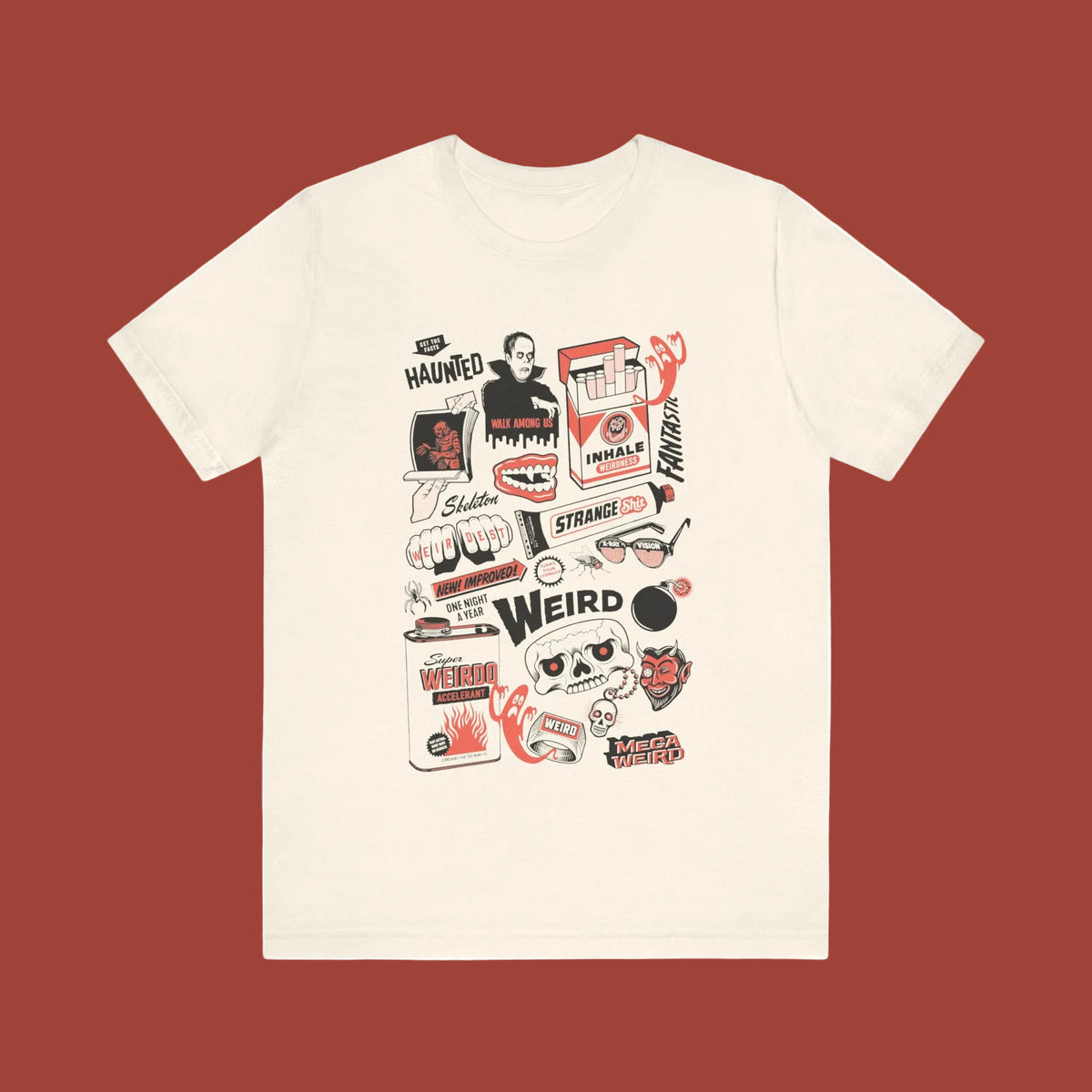 Beige t-shirt with graphic designs and text on a white background