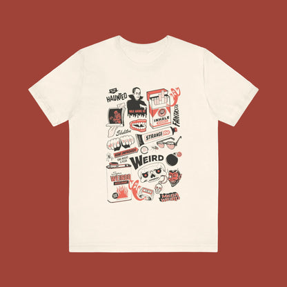 Beige t-shirt with graphic designs and text on a white background