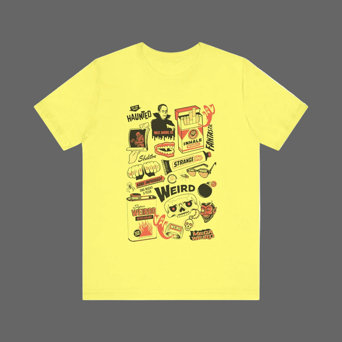 Yellow t-shirt with graphic design on a white background