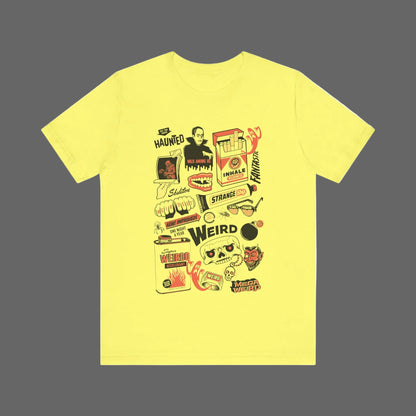 Yellow t-shirt with graphic design on a white background