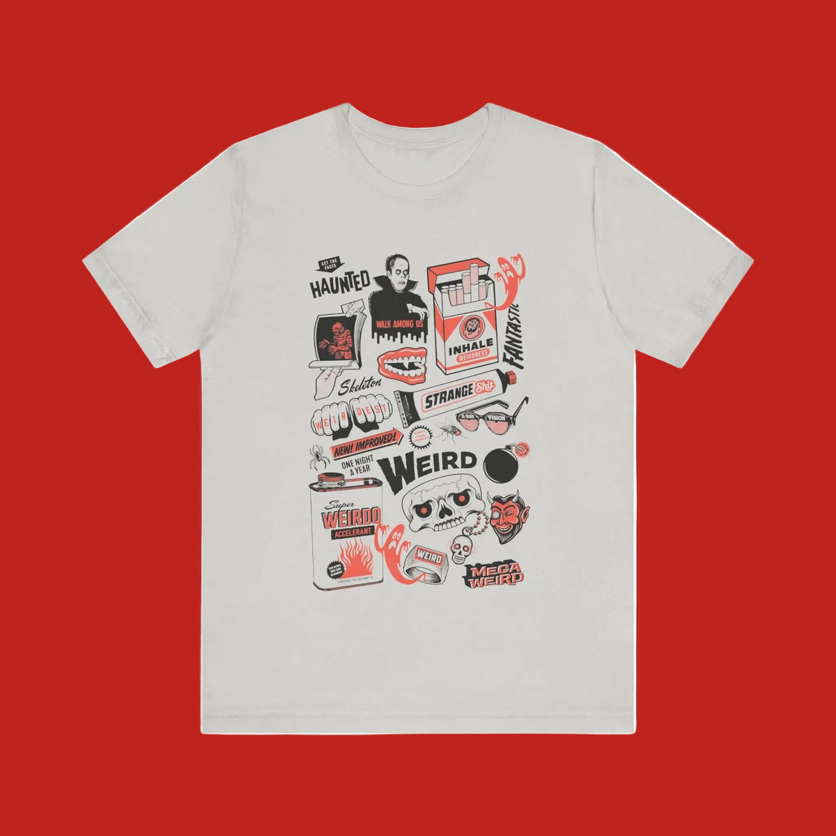 White t-shirt with graphic designs and text on a white background