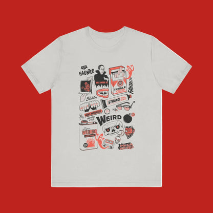 White t-shirt with graphic designs and text on a white background