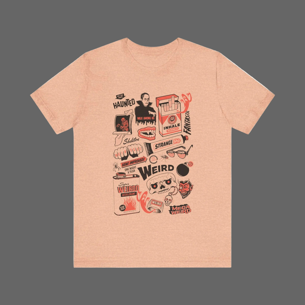 Peach t-shirt with graphic designs on a white background