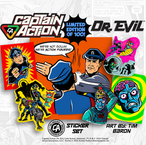 Captain Action & Dr. Evil - Limited Edition Sticker Set by ASTRO ZOMBIE artist Tim Baron
