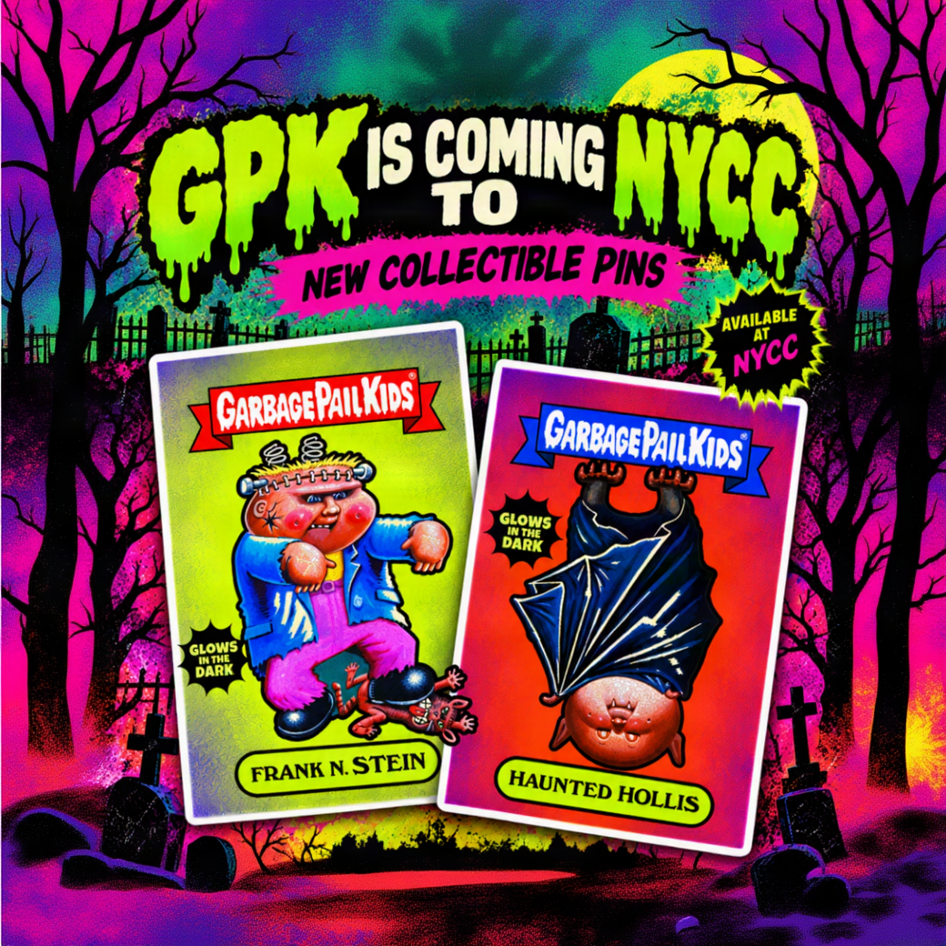High Quality Enamel Pins by Atomic Toybox,  GPK collectible pins, featuring two Garbage Pail Kids characters: Frank N. Stein and Haunted Hollis. Each with an exclusive trading card. pins sold separately. They glow in the dark.