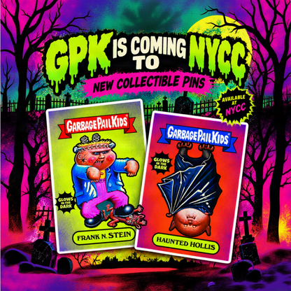 High Quality Enamel Pins by Atomic Toybox,  GPK collectible pins, featuring two Garbage Pail Kids characters: Frank N. Stein and Haunted Hollis. Each with an exclusive trading card. pins sold separately. They glow in the dark.