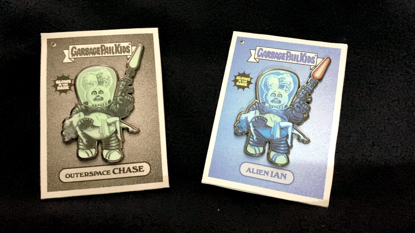 Garbage Pail Kids - Mars Attacks -  Outerspace Chase - Limited Edition GLOW IN THE DARK Enamel Pin and Exclusive Promo Trading Card